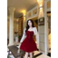 Set đầm nữ nhung đỏ dây nơ ngực có mút váy chữ A kèm khoác ren tay dài sang trọng trẻ trung. đầm xinh Luna