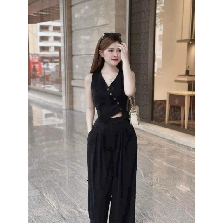 [Luna chọn] Set đồ nữ áo gile vạt chéo kèm quần ống rộng chất tuyết mưa cao cấp phù hợp đi làm đi chơi QC🌹    SHOPBOSTO
