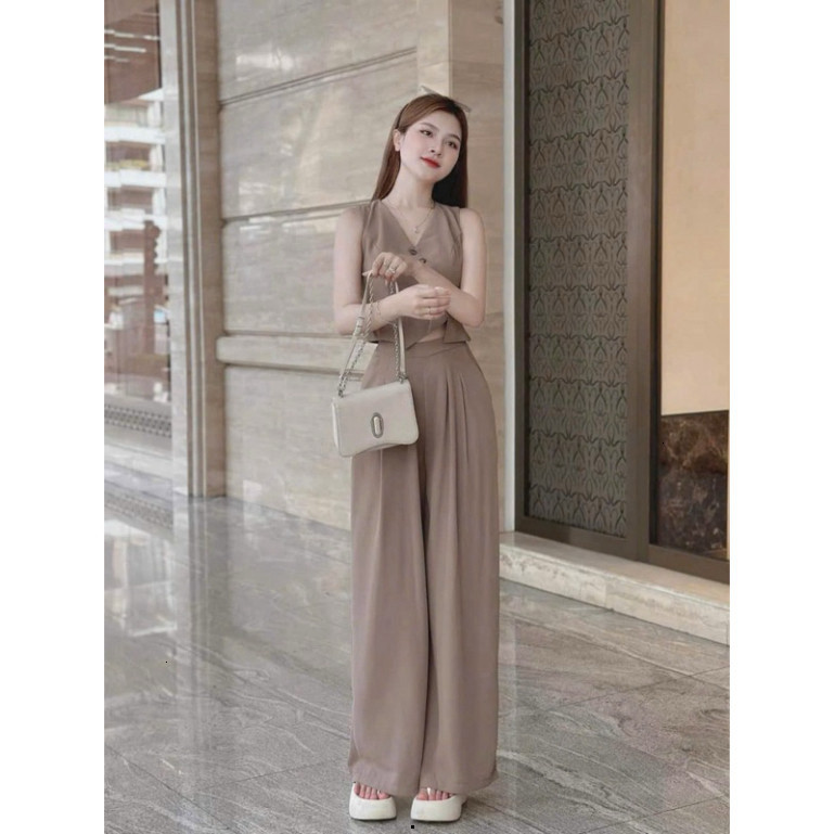 [Luna chọn] Set đồ nữ áo gile vạt chéo kèm quần ống rộng chất tuyết mưa cao cấp phù hợp đi làm đi chơi QC🌹    SHOPBOSTO