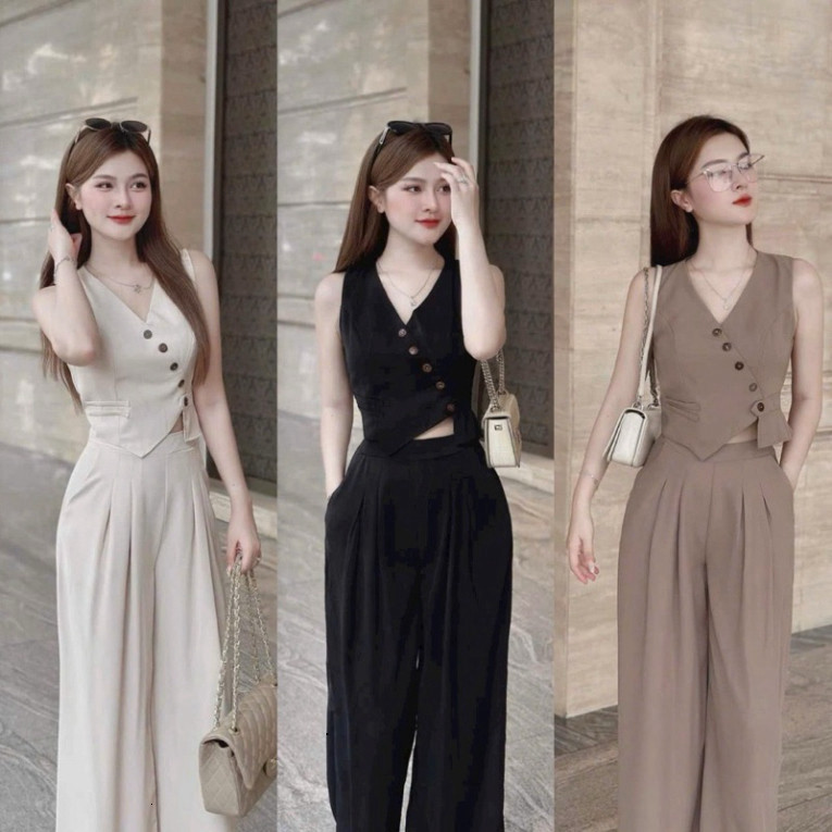 [Luna chọn] Set đồ nữ áo gile vạt chéo kèm quần ống rộng chất tuyết mưa cao cấp phù hợp đi làm đi chơi QC🌹    SHOPBOSTO