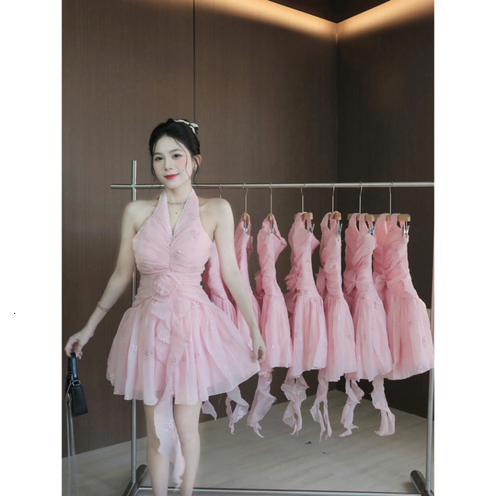 [Luna chọn] Đầm Dài Thiết Kế Cổ Yếm Phối Ren Voan Tơ Xoè Thanh Lịch, Đính Bông Dễ Thương, Mặc Dự Tiệc Luna