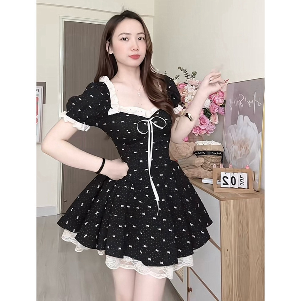 [Luna chọn] Đầm tiểu thư cổ vuông tay phồng phối ren xoè 4 lớp nơ nhí cực xinh Luna