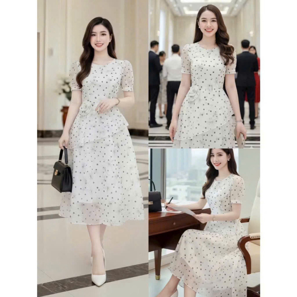 [Luna chọn] Đầm thời trang nữ chất Voan in họa tiết cổ tròn tay ngắn phồng thiết kế váy maxi xòe phong cách nhẹ nhàng kè