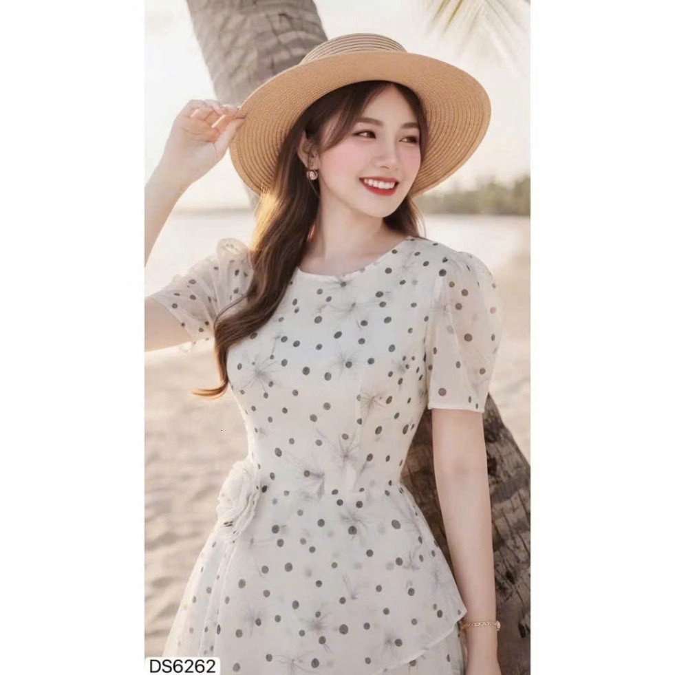 [Luna chọn] Đầm thời trang nữ chất Voan in họa tiết cổ tròn tay ngắn phồng thiết kế váy maxi xòe phong cách nhẹ nhàng kè
