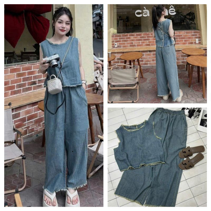 [Luna chọn] BỘ ĐỒ JEAN ÁO CỔ TRÒN GÀI NÚT SAU PHỐI QUẦN DÀI ỐNG RỘNG😉đi chơi, dạo phố, shoping, hội họp bạn bè...đẹp mặ