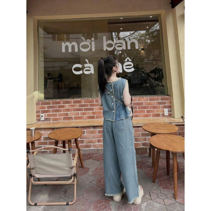 [Luna chọn] BỘ ĐỒ JEAN ÁO CỔ TRÒN GÀI NÚT SAU PHỐI QUẦN DÀI ỐNG RỘNG😉đi chơi, dạo phố, shoping, hội họp bạn bè...đẹp mặ