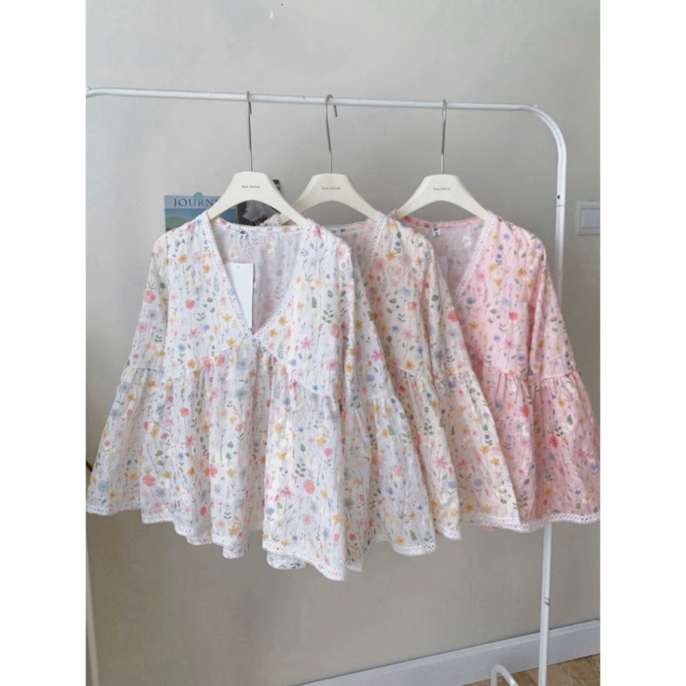 [Luna chọn] Áo Babydoll Cổ V viền Ren Thêu Hoa Nổi Tay Loe form xoè Shopbostore Luna