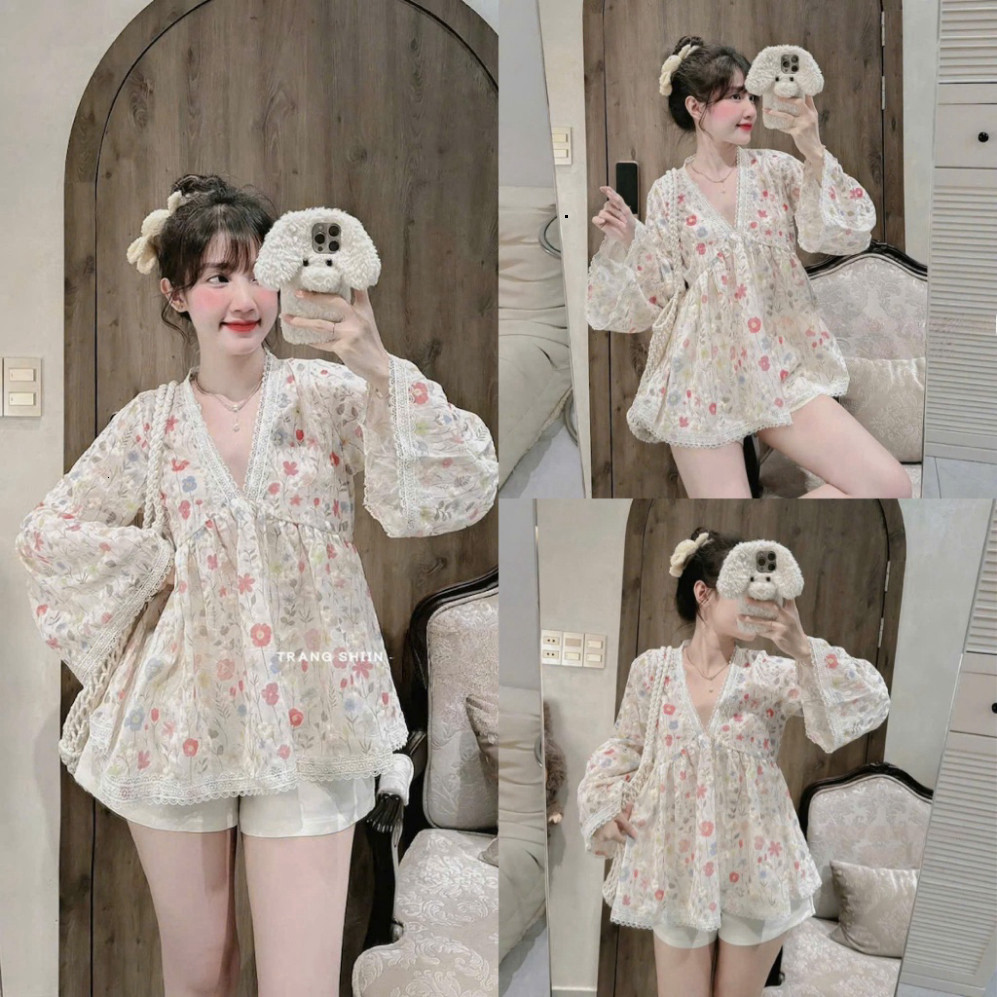 [Luna chọn] Áo Babydoll Cổ V viền Ren Thêu Hoa Nổi Tay Loe form xoè Shopbostore Luna