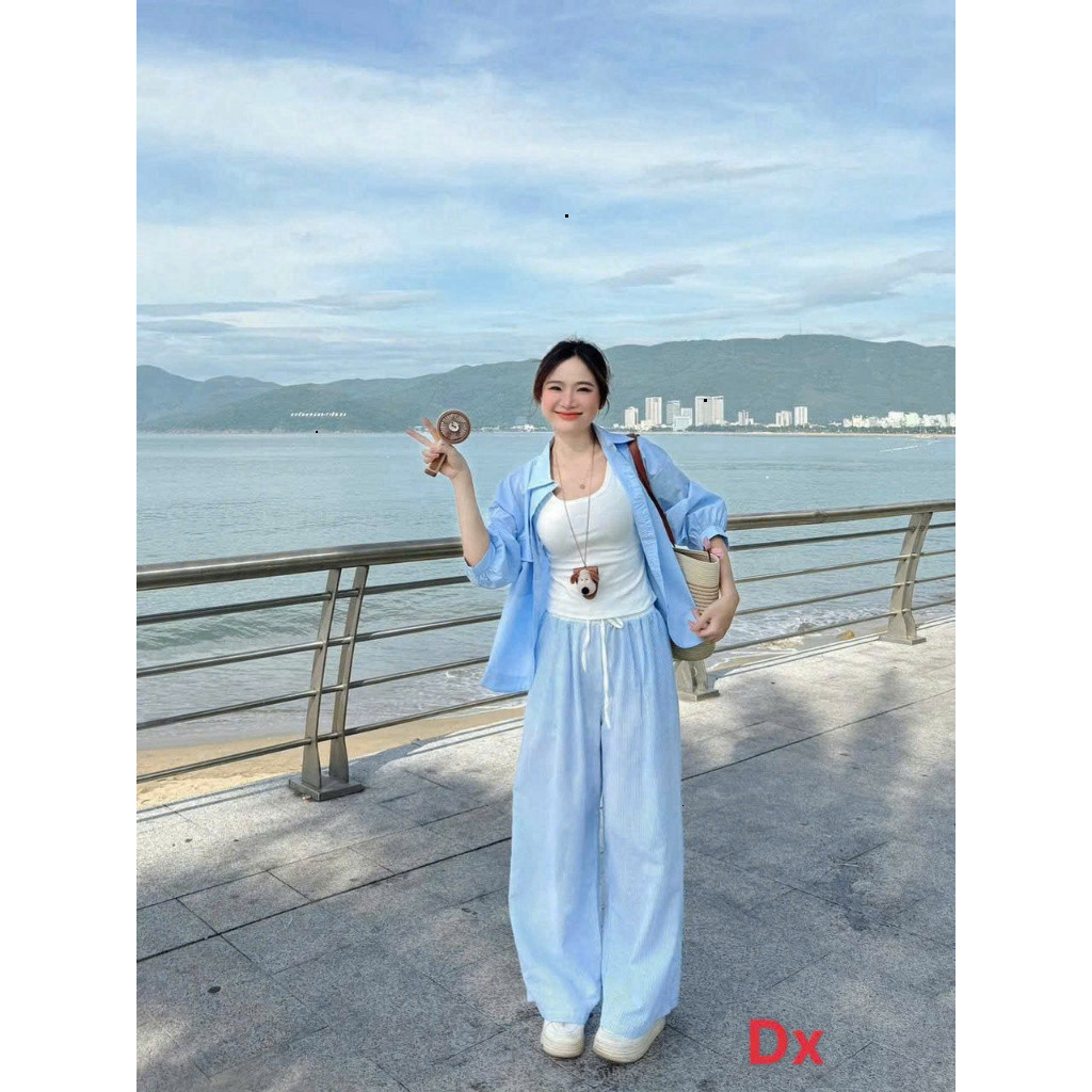 [Luna chọn] Set Áo Sơ Mi Xanh Pastel kèm lót Phối Quần Sọc Basic SHOPBOSTORE Luna