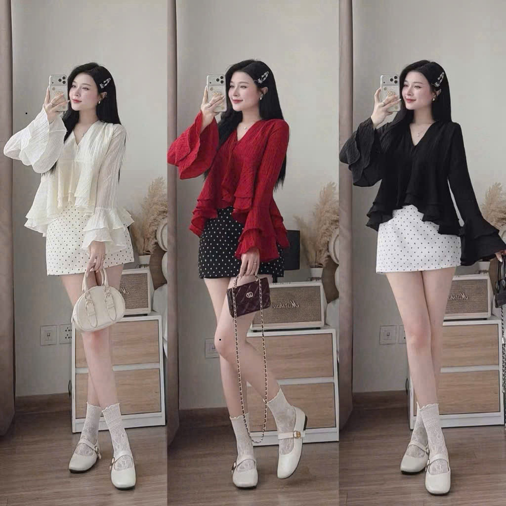 [Luna chọn] Set váy áo tơ gãy cổ V 2 lớp tay loe tà bèo phối chân váy chữ A chấm bi, Set váy siêu xinh cho nàng đi chơi,
