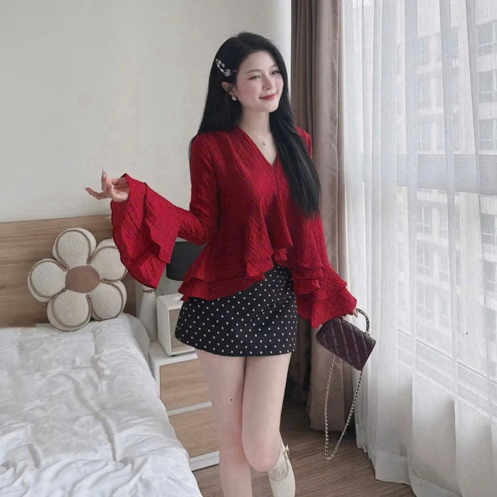 [Luna chọn] Set váy áo tơ gãy cổ V 2 lớp tay loe tà bèo phối chân váy chữ A chấm bi, Set váy siêu xinh cho nàng đi chơi,