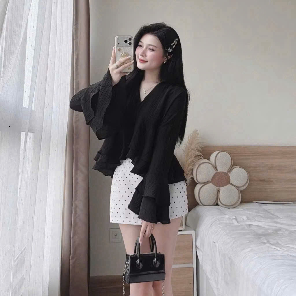 [Luna chọn] Set váy áo tơ gãy cổ V 2 lớp tay loe tà bèo phối chân váy chữ A chấm bi, Set váy siêu xinh cho nàng đi chơi,
