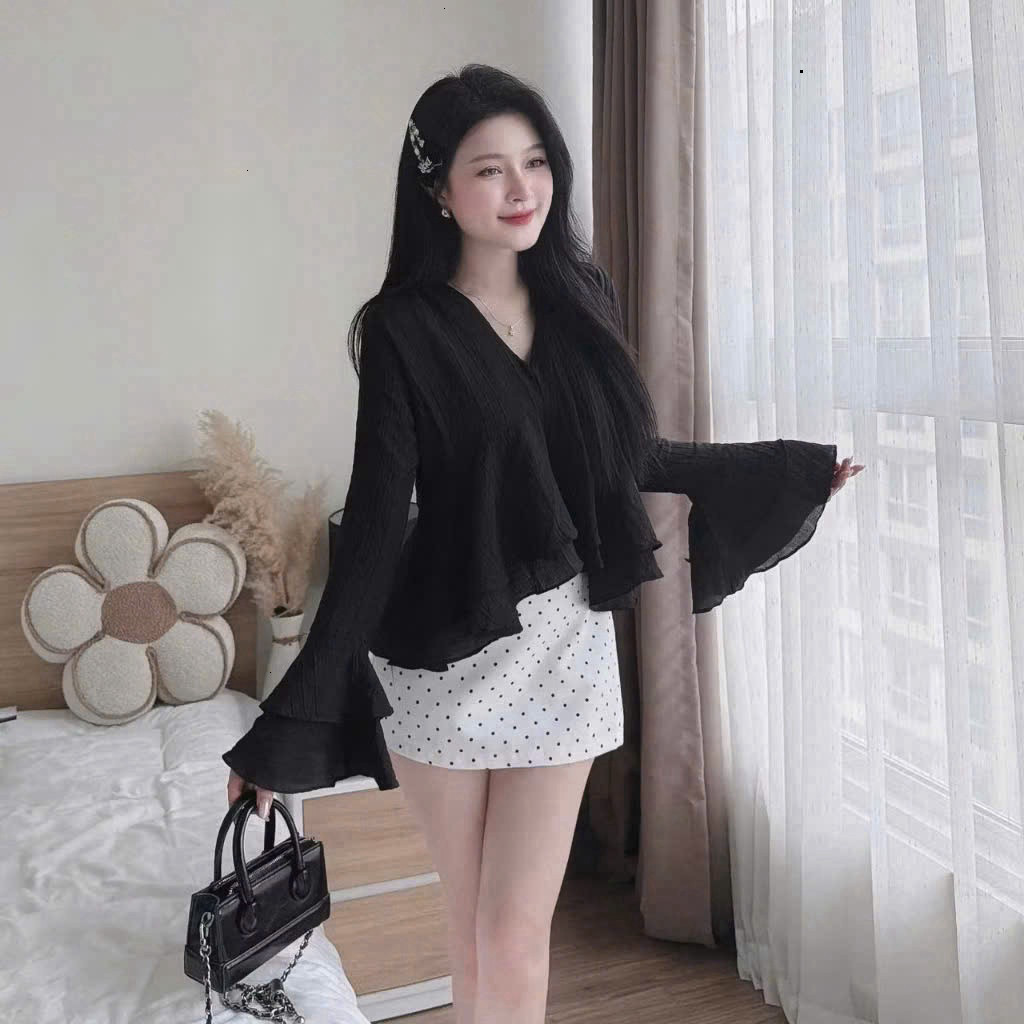 [Luna chọn] Set váy áo tơ gãy cổ V 2 lớp tay loe tà bèo phối chân váy chữ A chấm bi, Set váy siêu xinh cho nàng đi chơi,