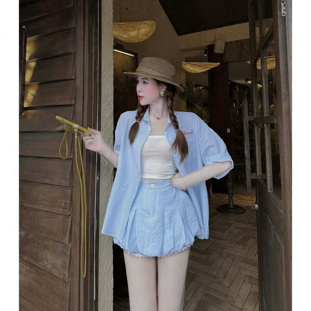 [Luna chọn] Sét 3 món đùi bí chất sọc xốp áo sơ mi tay ngắn kẻ sọc kèm áo lót thêu chữ phối quần bí ngắn giả váy lai ren