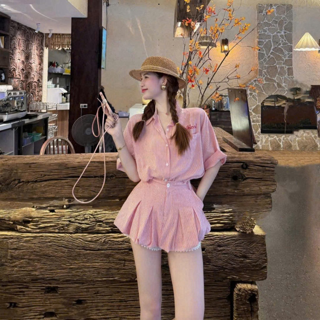 [Luna chọn] Sét 3 món đùi bí chất sọc xốp áo sơ mi tay ngắn kẻ sọc kèm áo lót thêu chữ phối quần bí ngắn giả váy lai ren