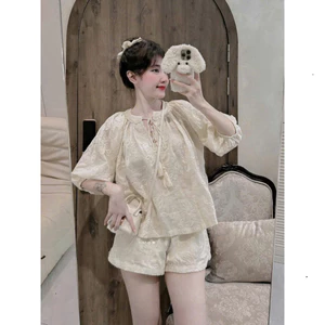 Set bộ đùi nữ thời trang cổ phối dây tua rua tay lửng phồng chất thô ren thêu 2 lớp phối quần đùi dễ thương