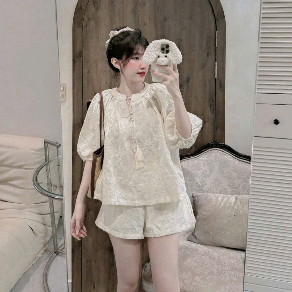 [Luna chọn] Set bộ đùi nữ thời trang cổ phối dây tua rua tay lửng phồng chất thô ren thêu 2 lớp phối quần đùi dễ thương