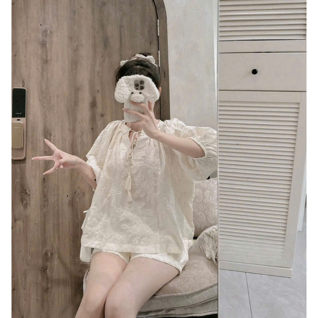 [Luna chọn] Set bộ đùi nữ thời trang cổ phối dây tua rua tay lửng phồng chất thô ren thêu 2 lớp phối quần đùi dễ thương