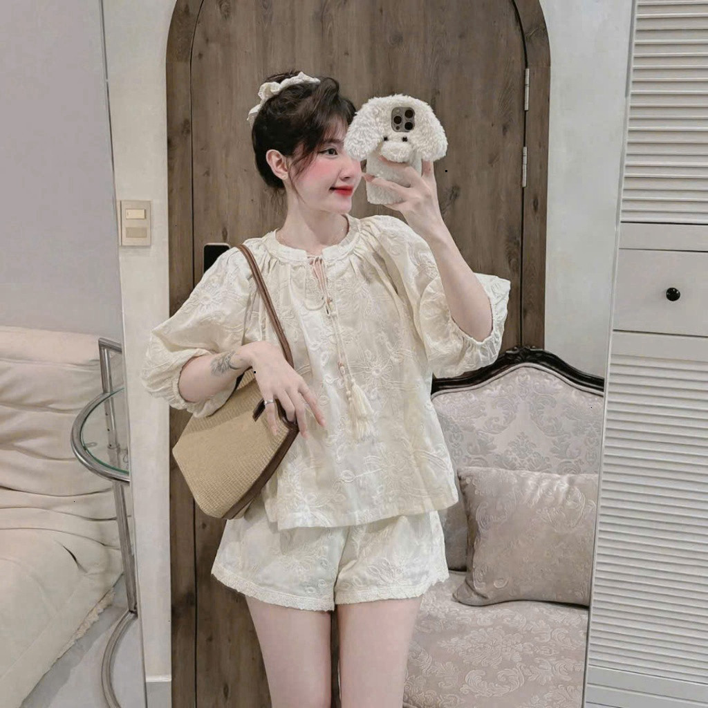 [Luna chọn] Set bộ đùi nữ thời trang cổ phối dây tua rua tay lửng phồng chất thô ren thêu 2 lớp phối quần đùi dễ thương