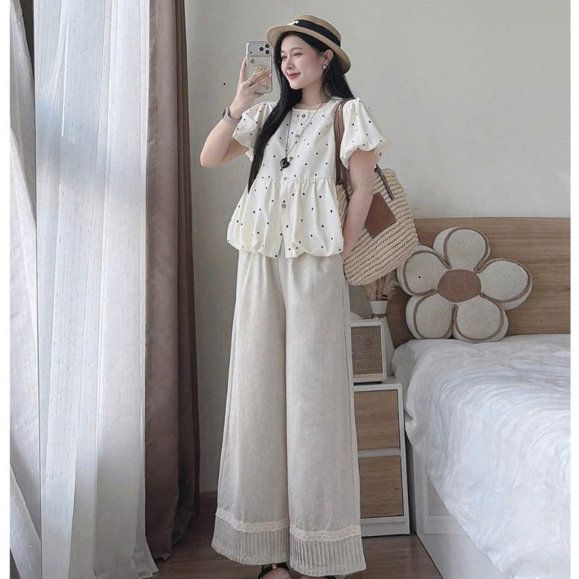[Luna chọn] Set bộ dài - Set bộ đáng iu, thanh lịch cho nàng dạo phố,set tuyết mưa áo bí họa tiết chấm bi cổ tròn tay bồ