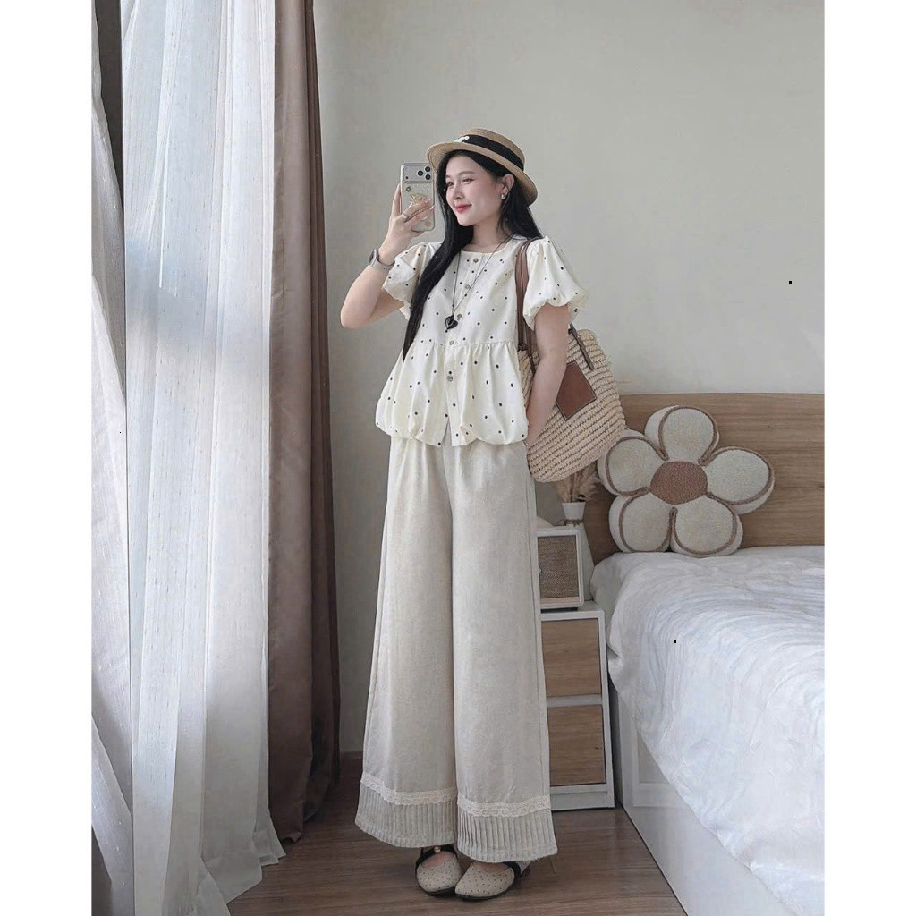 [Luna chọn] Set bộ dài - Set bộ đáng iu, thanh lịch cho nàng dạo phố,set tuyết mưa áo bí họa tiết chấm bi cổ tròn tay bồ