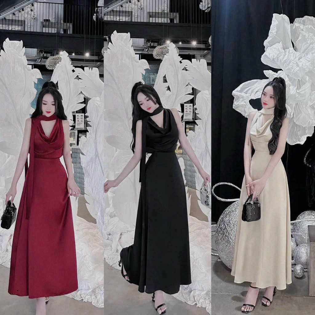 [Luna chọn] Set váy dự tiệc , đi chơi áo sát nách cổ đổ váy dài kèm đai cổ dáng váy xòe dài chất tuyết nhung sang trọng