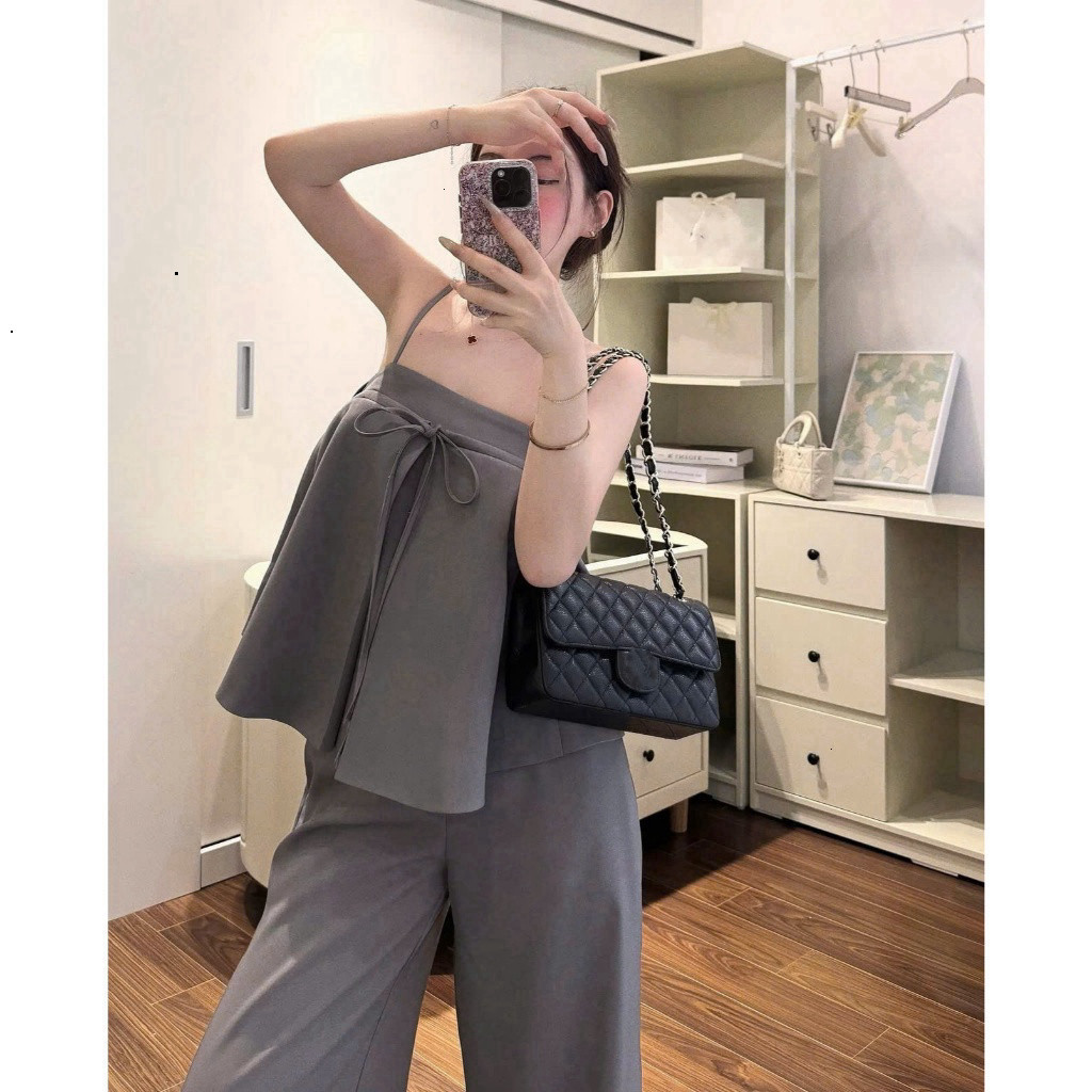 [Luna chọn] [Hàng Loại 1] Set bộ 2 dây mix quần dài suông rộng chất chéo hàn mang phòng cách hàn quốc SHOPBOSTORE Luna