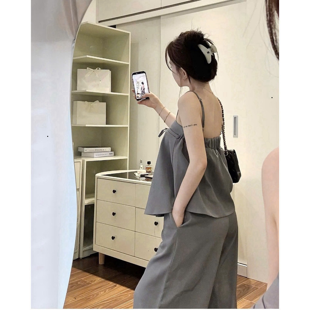 [Luna chọn] [Hàng Loại 1] Set bộ 2 dây mix quần dài suông rộng chất chéo hàn mang phòng cách hàn quốc SHOPBOSTORE Luna