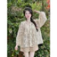 Set bộ nữ áo tay dài phồng áo cổ V thắt nơ dáng rộng chất thô thêu kèm quần đùi tuyết mưa dễ thương thích hợ