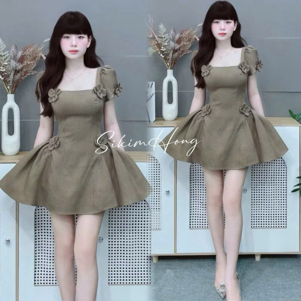 [Luna chọn] ĐẦM THIẾT KẾ TAY NGẮN ĐÍNH HOA 3D DÁNG XOÈ XẾP LY PHỐI TẦNG BÈO DÁNG NGẮN DỄ THƯƠNG CHUN SAU TÔN DÁng Shopbo