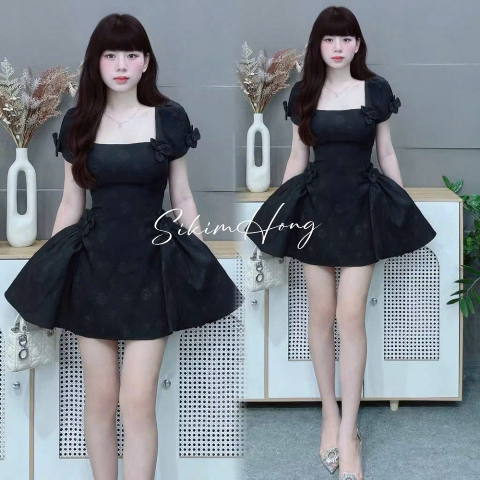 [Luna chọn] ĐẦM THIẾT KẾ TAY NGẮN ĐÍNH HOA 3D DÁNG XOÈ XẾP LY PHỐI TẦNG BÈO DÁNG NGẮN DỄ THƯƠNG CHUN SAU TÔN DÁng Shopbo