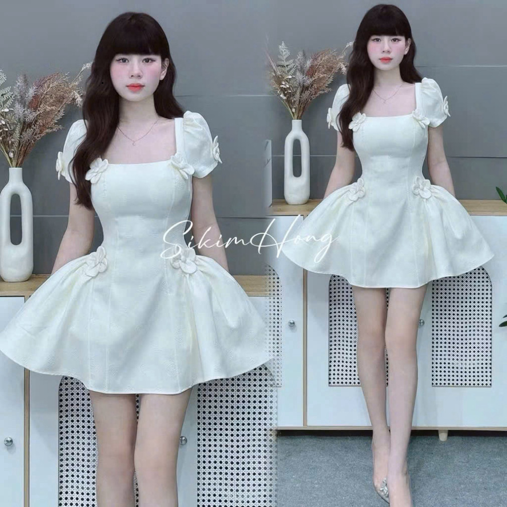 [Luna chọn] ĐẦM THIẾT KẾ TAY NGẮN ĐÍNH HOA 3D DÁNG XOÈ XẾP LY PHỐI TẦNG BÈO DÁNG NGẮN DỄ THƯƠNG CHUN SAU TÔN DÁng Shopbo