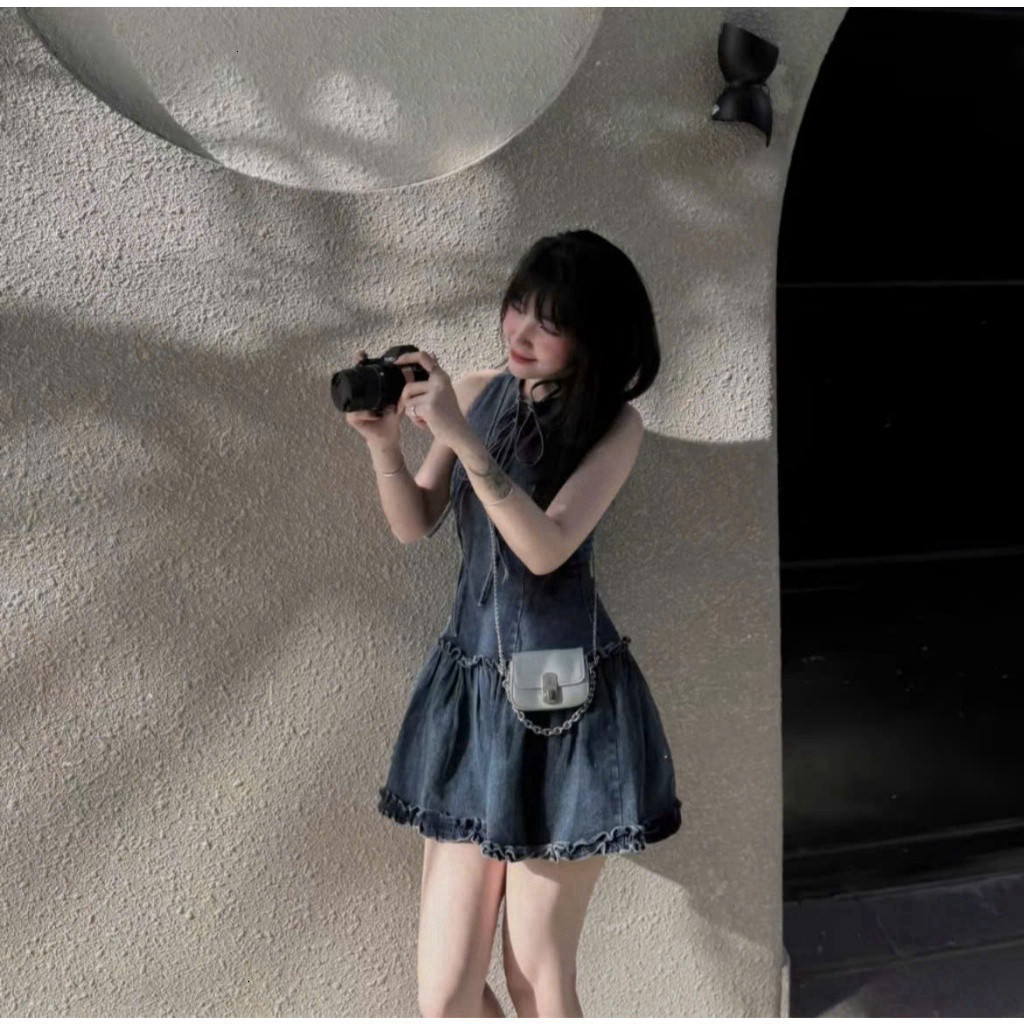 [Luna chọn] Đầm nữ jean qc tay cộc 3 lỗ cột dây nơ dáng ngắn xòe xinh xắn đáng yêu cho nàng mặc đi chơi, dạo phố SHOPBOS
