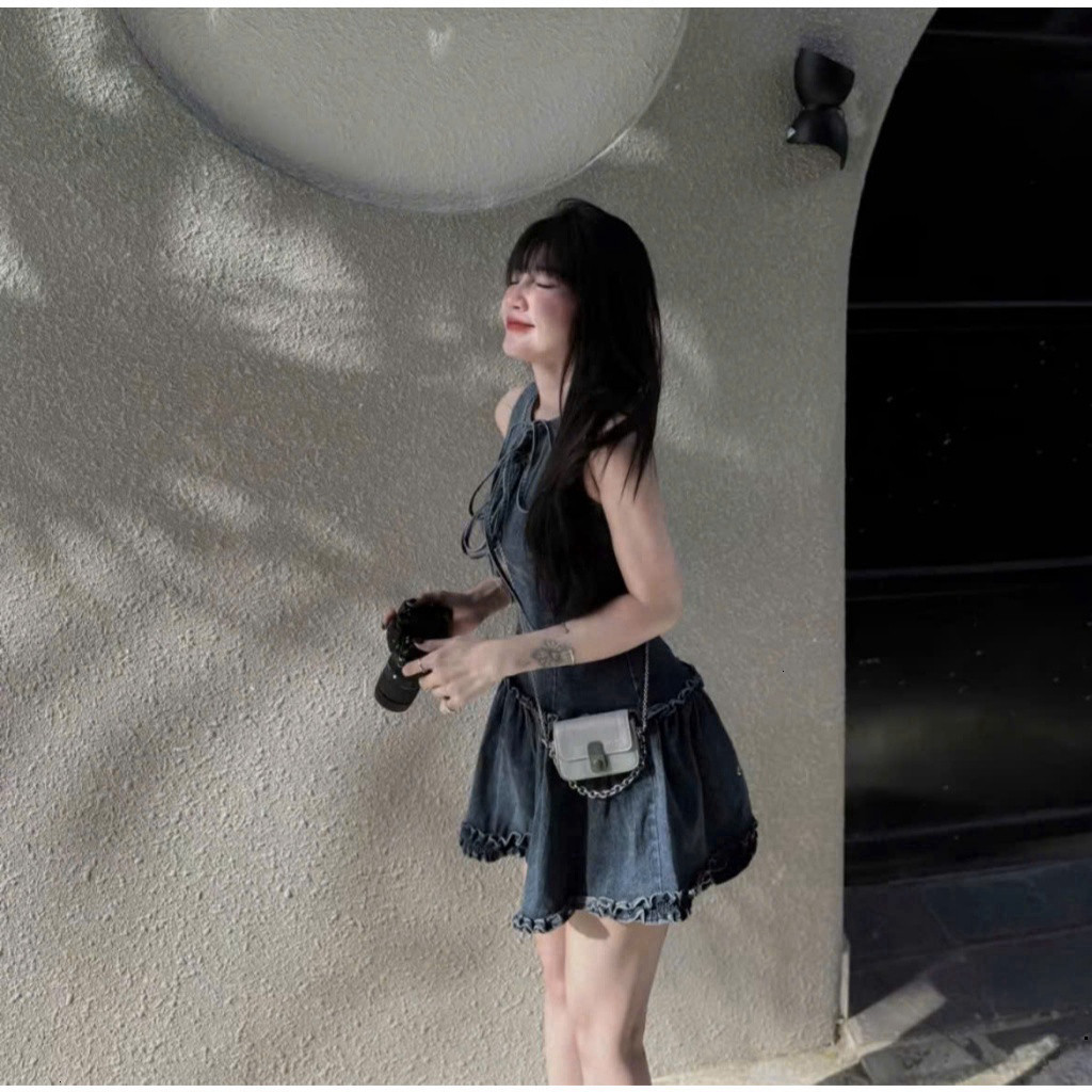 [Luna chọn] Đầm nữ jean qc tay cộc 3 lỗ cột dây nơ dáng ngắn xòe xinh xắn đáng yêu cho nàng mặc đi chơi, dạo phố SHOPBOS