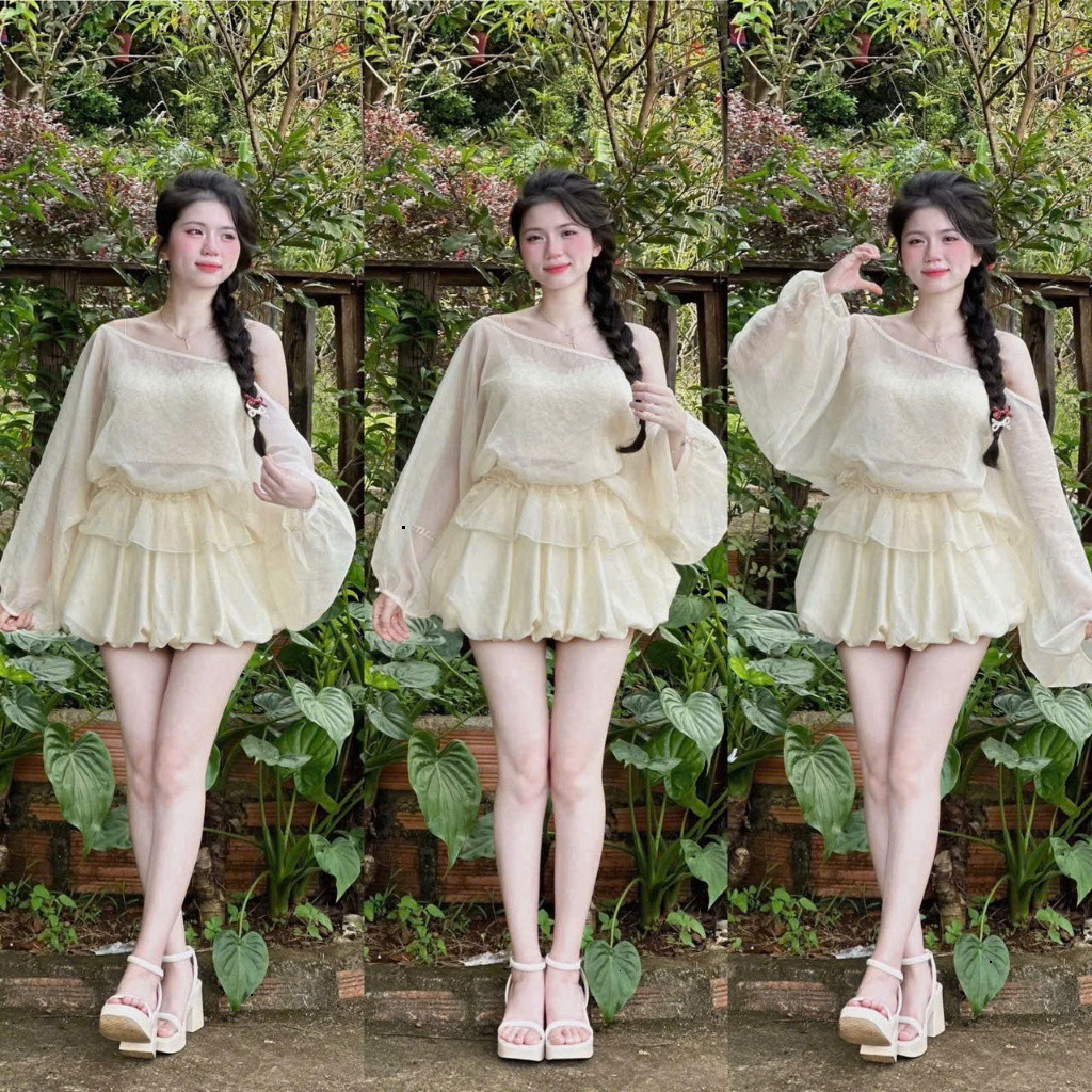 [Luna chọn] Set váy thời trang Nữ hot trend áo tơ lệch vai dài tay kèm lót ren 2 dây trong phối váy tuyết mưa dáng bí si