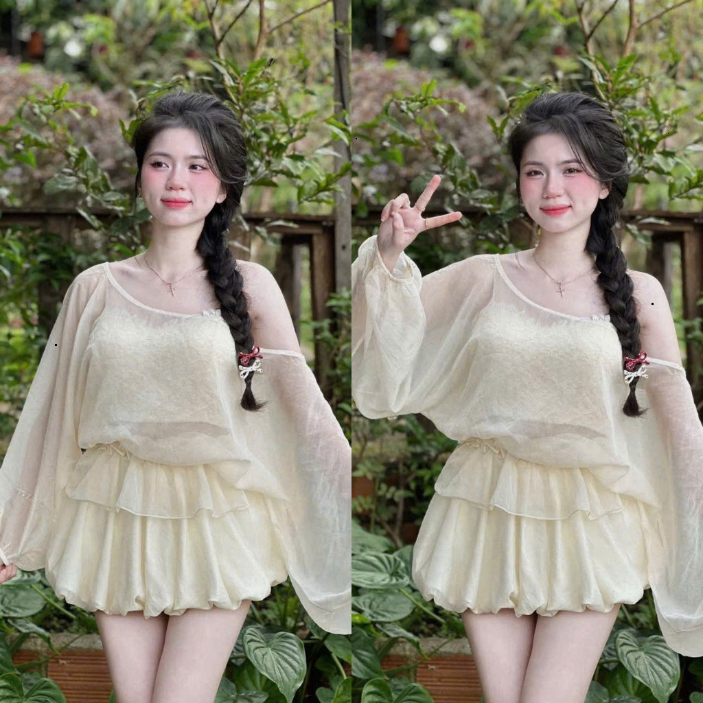 [Luna chọn] Set váy thời trang Nữ hot trend áo tơ lệch vai dài tay kèm lót ren 2 dây trong phối váy tuyết mưa dáng bí si