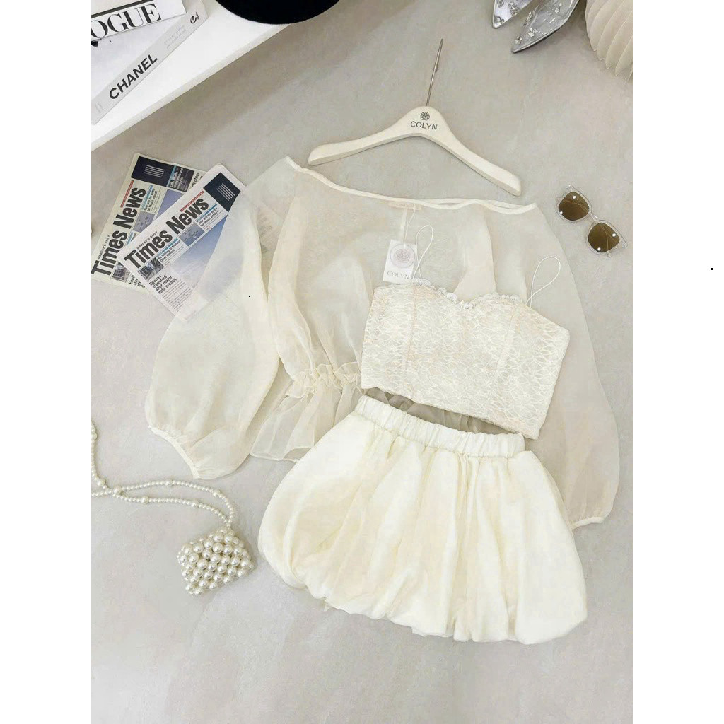 [Luna chọn] Set váy thời trang Nữ hot trend áo tơ lệch vai dài tay kèm lót ren 2 dây trong phối váy tuyết mưa dáng bí si