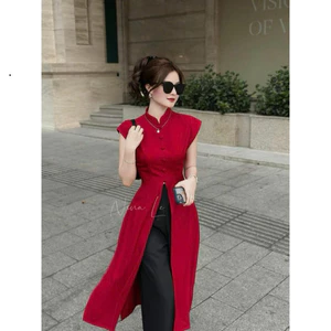 Sét bộ áo dài cách tân cổ tàu tay ngắn gắn nút chất tuyết nhung cao cấp xẻ dài tà áo mix quần đen suông đầm