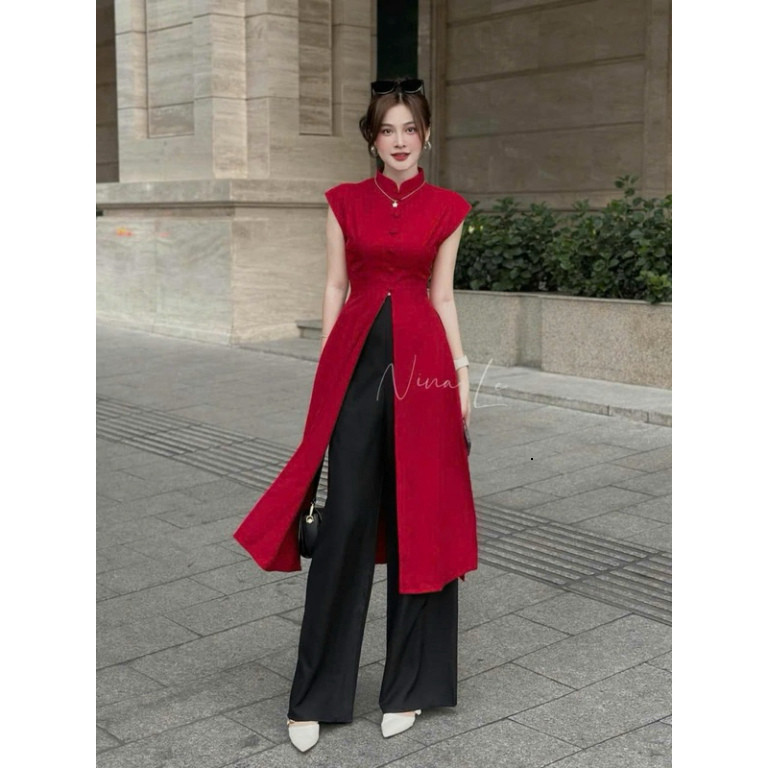[Luna chọn] Sét bộ áo dài cách tân cổ tàu tay ngắn gắn nút chất tuyết nhung cao cấp xẻ dài tà áo mix quần đen suông đầm