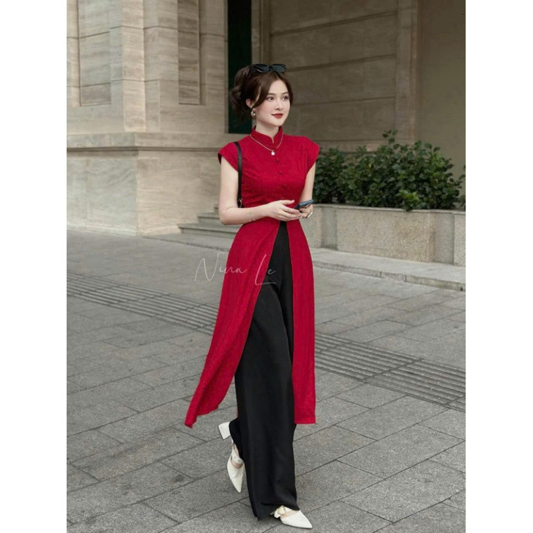 [Luna chọn] Sét bộ áo dài cách tân cổ tàu tay ngắn gắn nút chất tuyết nhung cao cấp xẻ dài tà áo mix quần đen suông đầm