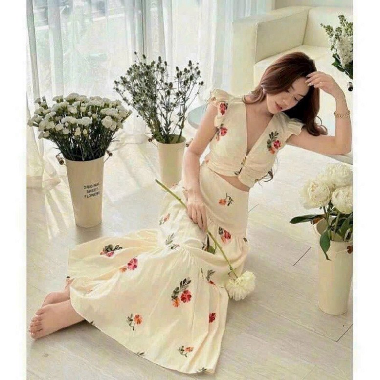 [Luna chọn] Sét váy thời trang nữ mặc đi biển chất lụa ý in hoa xinh cổ v nút bọc cánh tiên mix chân váy mocking váy xoè