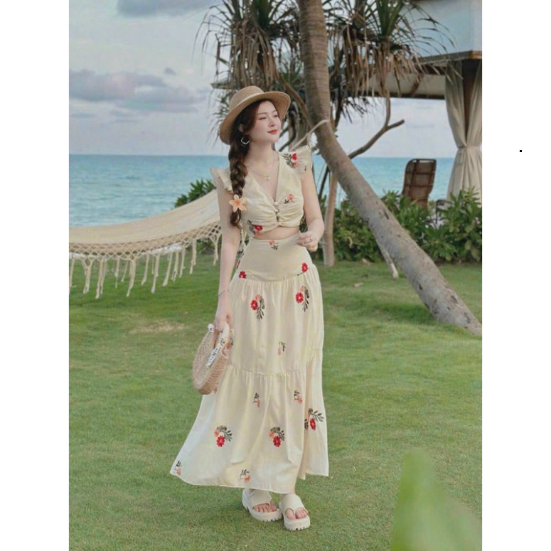 [Luna chọn] Sét váy thời trang nữ mặc đi biển chất lụa ý in hoa xinh cổ v nút bọc cánh tiên mix chân váy mocking váy xoè
