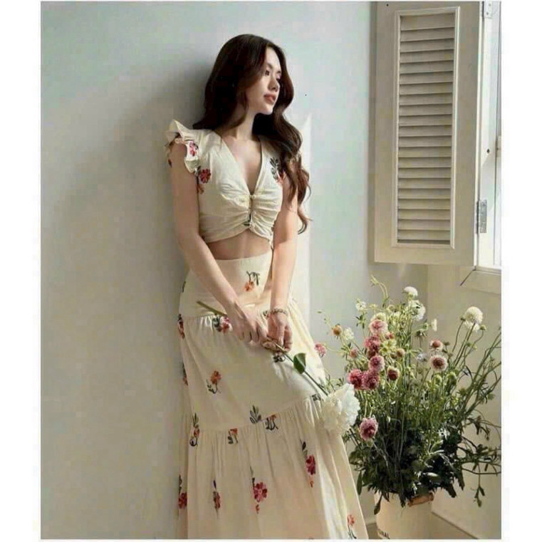 [Luna chọn] Sét váy thời trang nữ mặc đi biển chất lụa ý in hoa xinh cổ v nút bọc cánh tiên mix chân váy mocking váy xoè