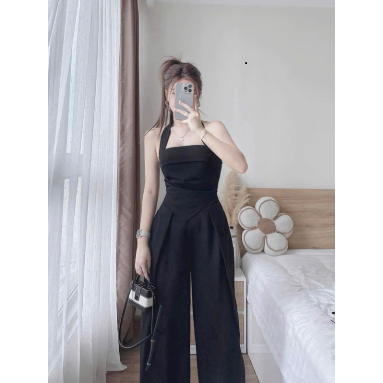 [Luna chọn] Set đồ nữ áo croptop cổ yếm khóa kéo sau lưng kèm quần ống suông fom rộng xinh xắn cá tính dịu dàng hợp dự t