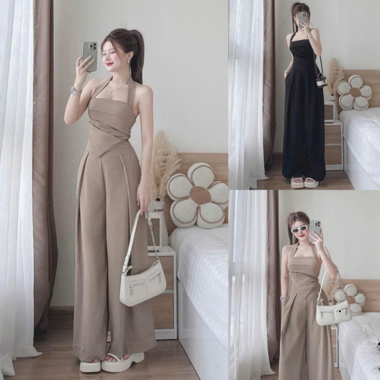 [Luna chọn] Set đồ nữ áo croptop cổ yếm khóa kéo sau lưng kèm quần ống suông fom rộng xinh xắn cá tính dịu dàng hợp dự t