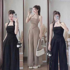 Set đồ nữ áo croptop cổ yếm khóa kéo sau lưng kèm quần ống suông fom rộng xinh xắn cá tính dịu dàng hợp dự t