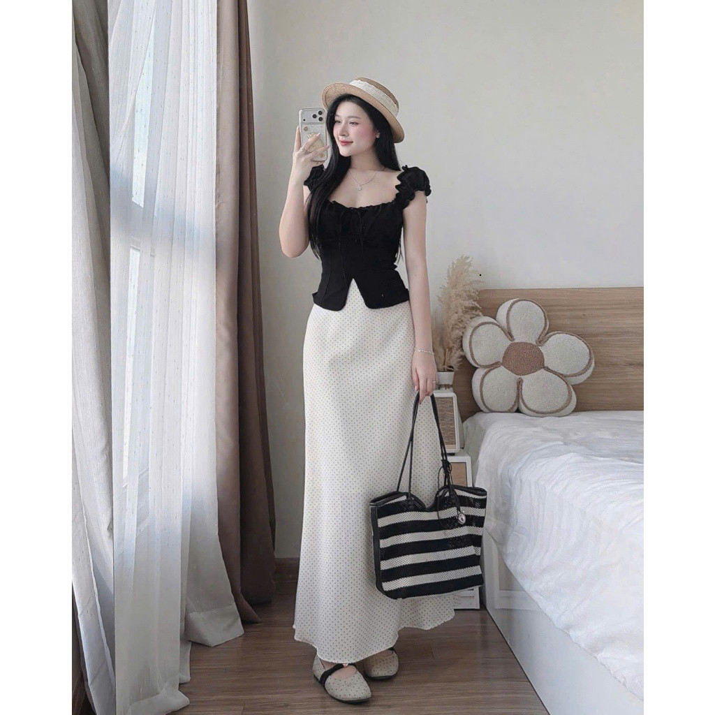 Set váy thời trang nữ style sang chảnh chất vải áo đũi tay búp cổ vuông phối chân váy cotton in chấm bi dáng đuôi cá dài