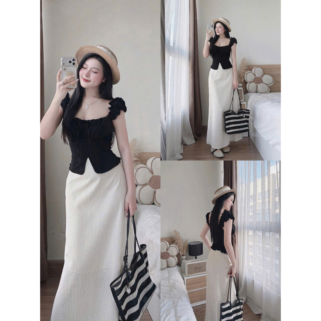 Set váy thời trang nữ style sang chảnh chất vải áo đũi tay búp cổ vuông phối chân váy cotton in chấm bi dáng đuôi cá dài