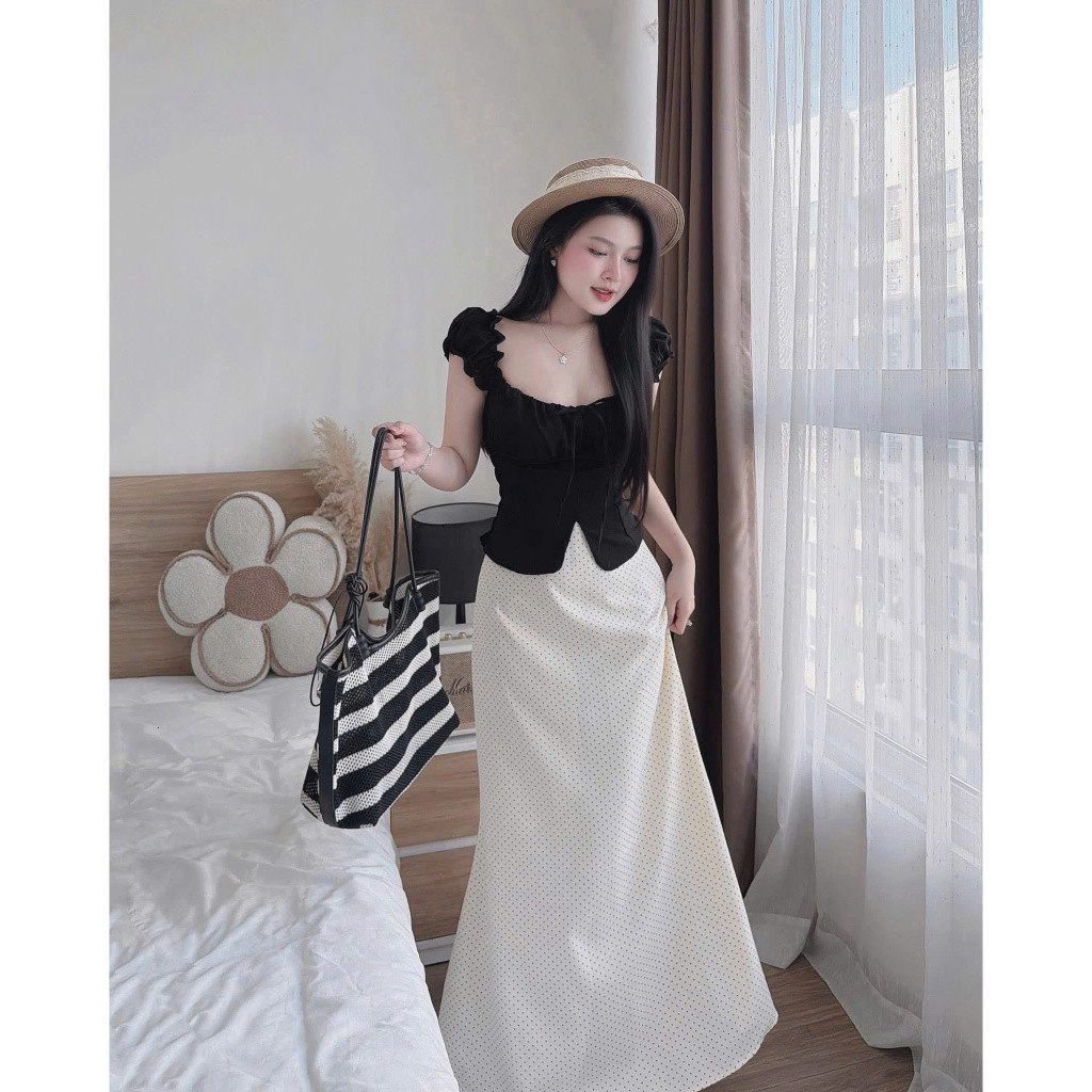 Set váy thời trang nữ style sang chảnh chất vải áo đũi tay búp cổ vuông phối chân váy cotton in chấm bi dáng đuôi cá dài