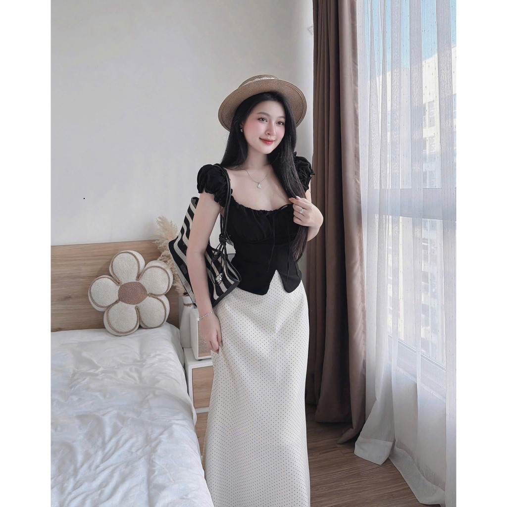 Set váy thời trang nữ style sang chảnh chất vải áo đũi tay búp cổ vuông phối chân váy cotton in chấm bi dáng đuôi cá dài